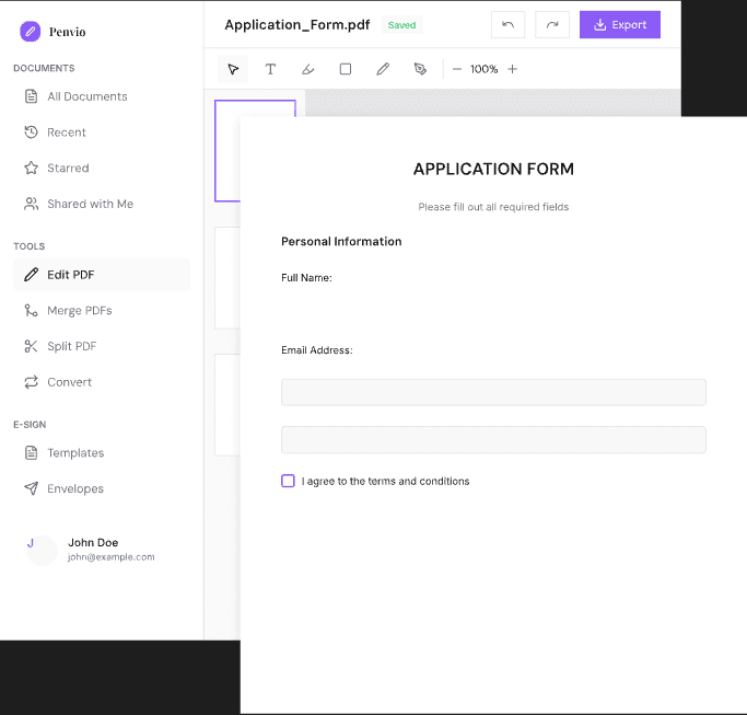 Penvio form builder interface with form field properties panel