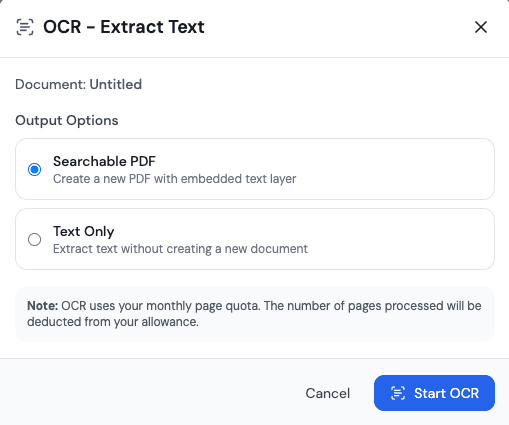 Penvio OCR dialog showing text recognition options